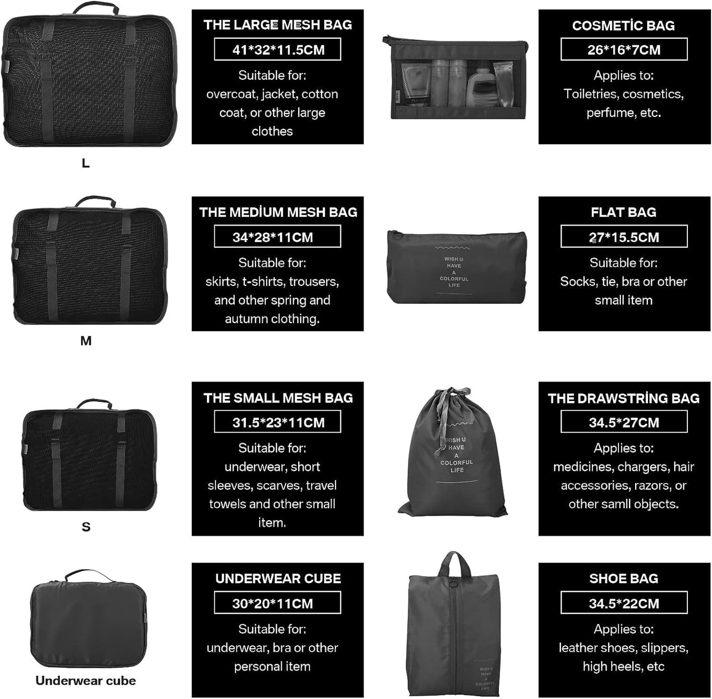 8 Pcs Packing Cubes for Suitcase, Travel Organiser Packing Bags, Travel Luggage Packing Organizers Waterproof Packing Cubes