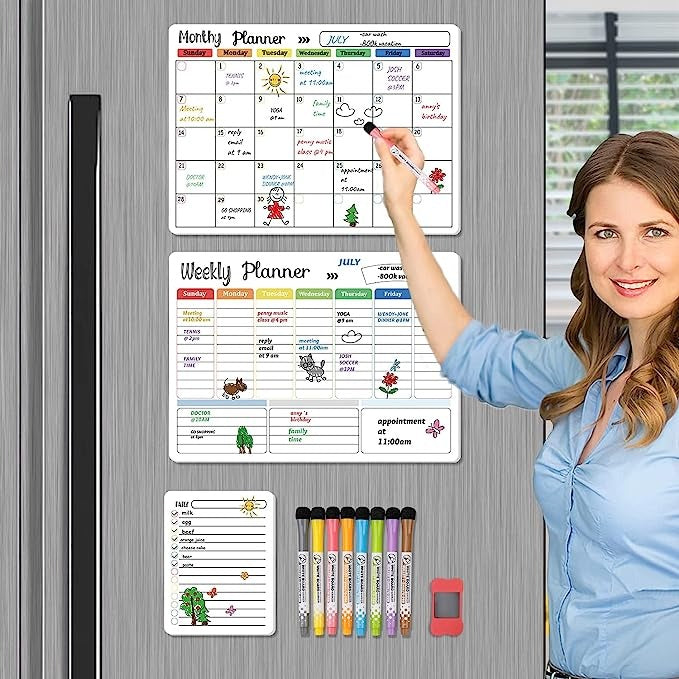 Magnetic Fridge Calendar Planner Set (3-Pack) for Refrigerator, Wall with Monthly, Weekly, and Daily Notepads