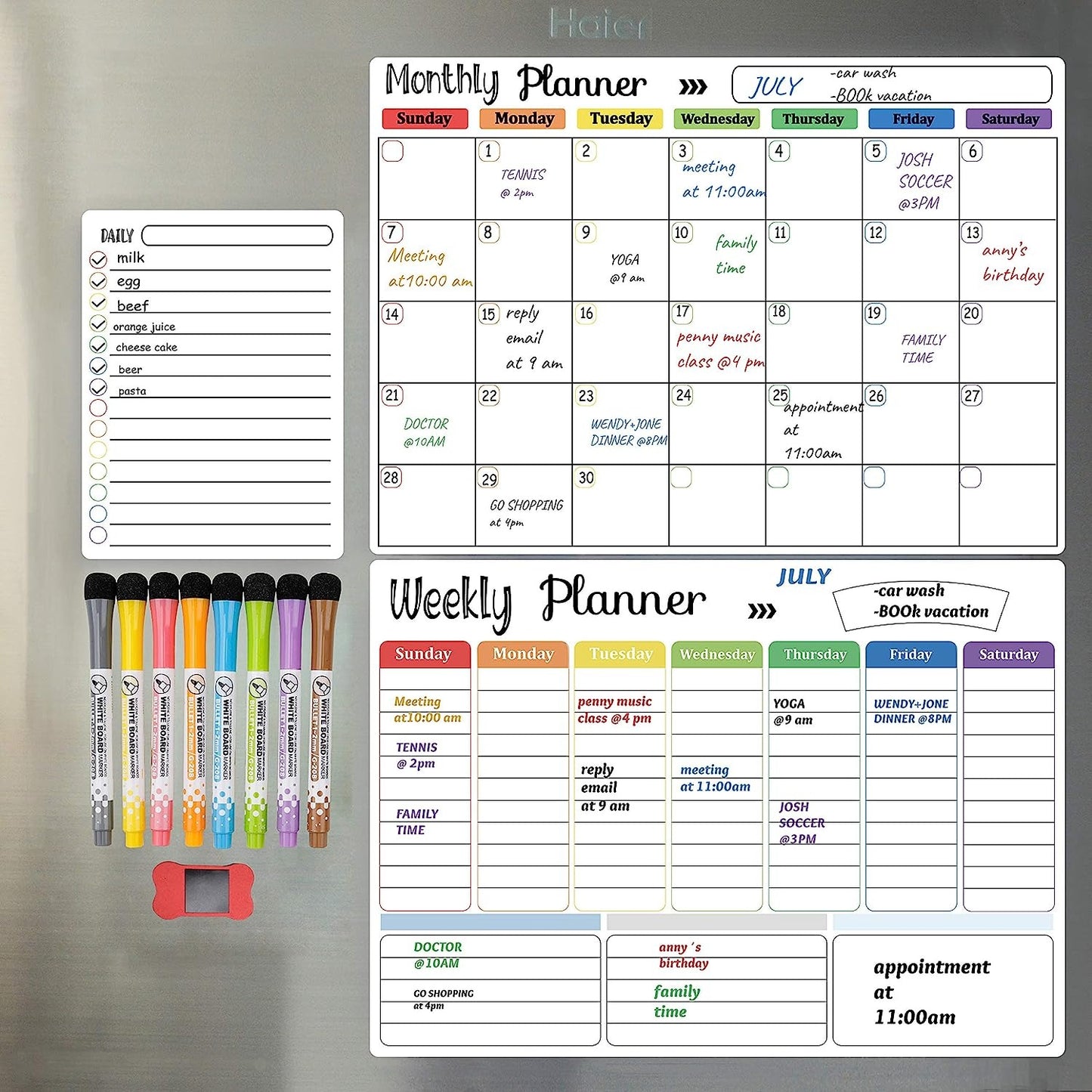 Magnetic Fridge Calendar Planner Set (3-Pack) for Refrigerator, Wall with Monthly, Weekly, and Daily Notepads