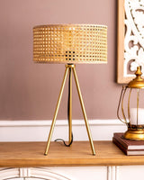 Metallic Glow Table Lamp with Wooden Net Shade - Gold