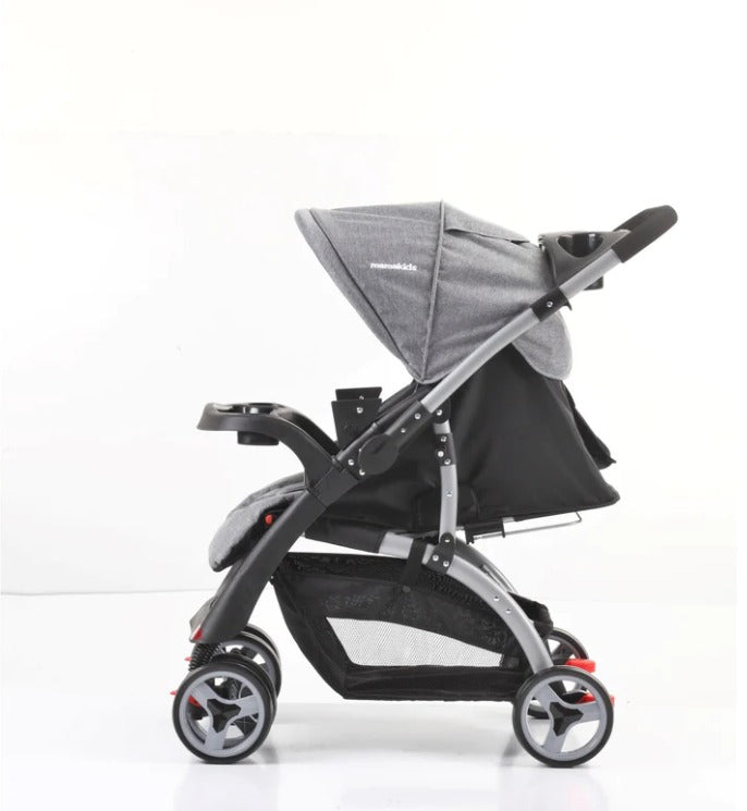 Reversible handle stroller with carrycot cup holder foot rest Reclining position