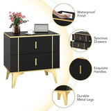 Black Gold Nightstand, Light Luxury Striped Bedside Table with 2 Wooden Drawers