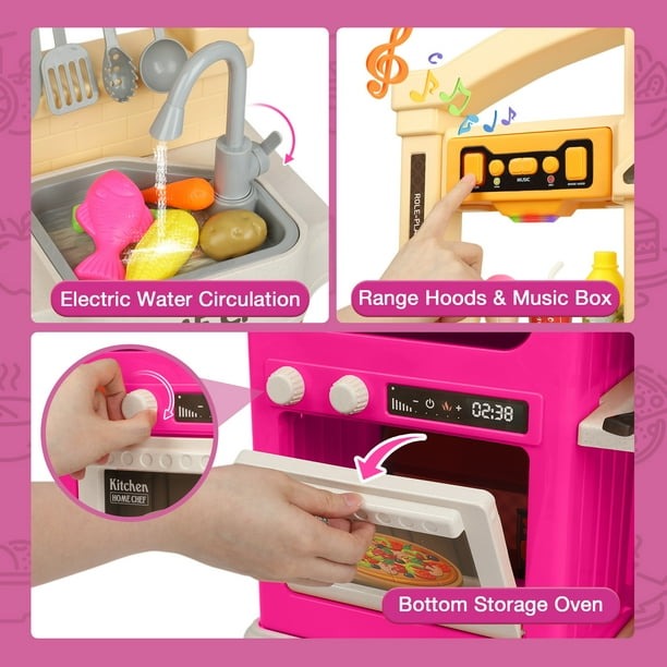 Play Kitchen Set, Kids Play Kitchen Realistic Lights Sounds Simulation Spray for Toddlers Girls Boys Gift, Pink