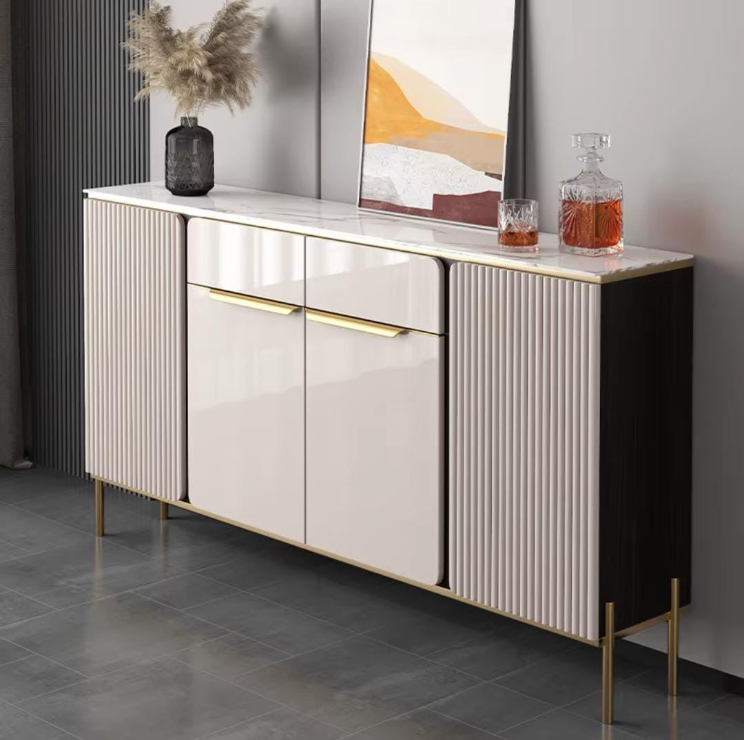 Modern Sideboard Glam Top Adjustable Shelving Buffet Credenza with Cabinets and Drawers Wood Living Room Storage Cabinet Freestanding Entrance Cabinet