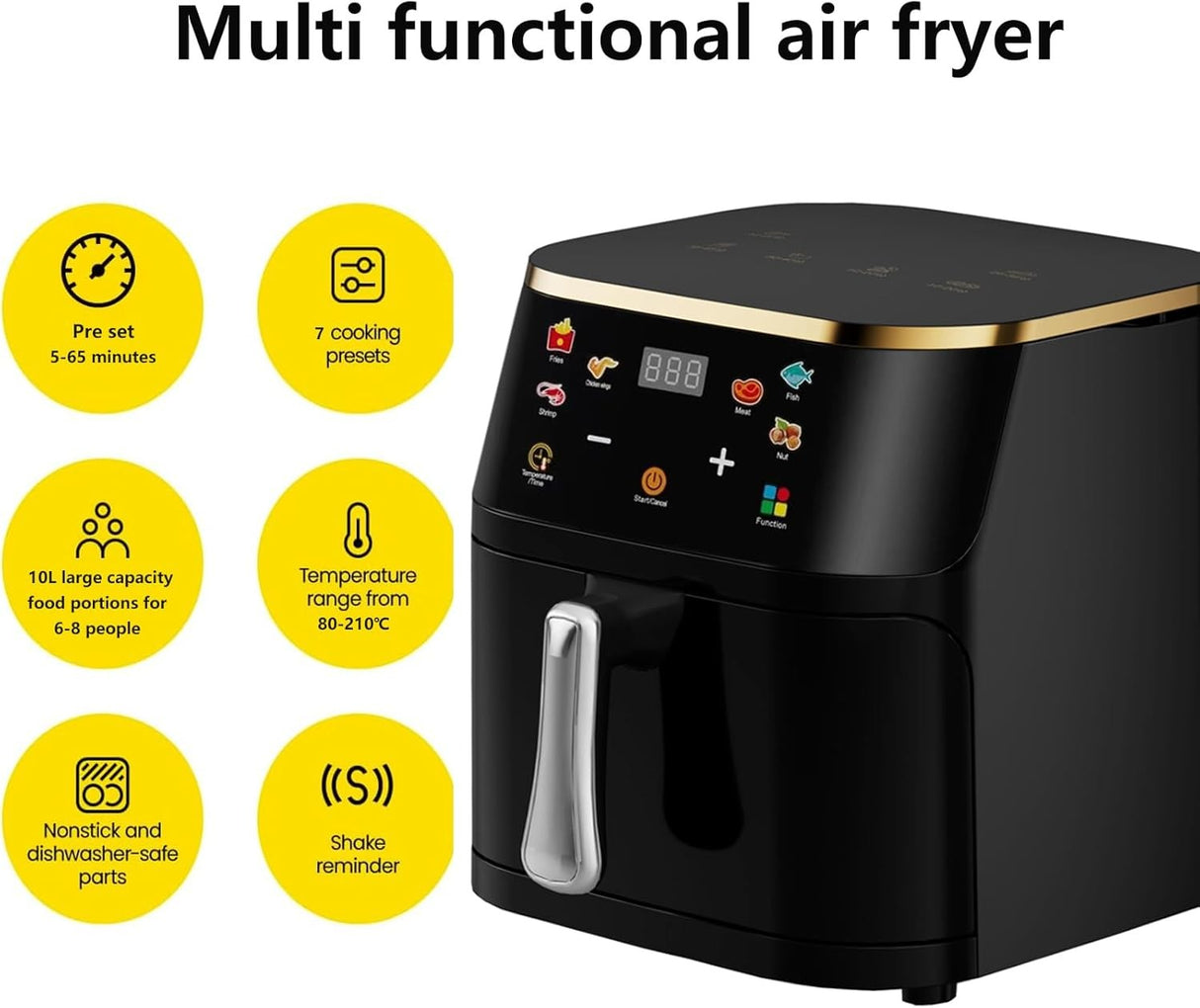 10L Large Digital Air Fryer Oven,7 in1 Multifunctional Touch Screen Presets Fry,Auto Shutoff,Hot air convection for Healthy Oil-Free Cooking,Black Stainless Steel Air fryer