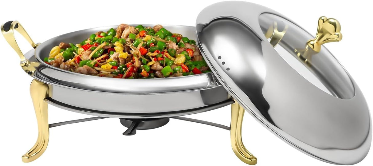 Round Chafing Dish Stainless Steel Buffet Chafer, Food Warmer Set with a 26cm/10.24in Pot, Lid