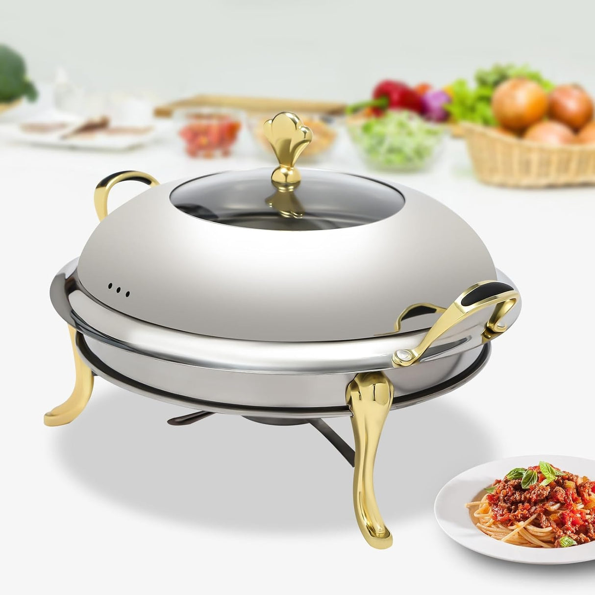 Round Chafing Dish Stainless Steel Buffet Chafer, Food Warmer Set with a 26cm/10.24in Pot, Lid