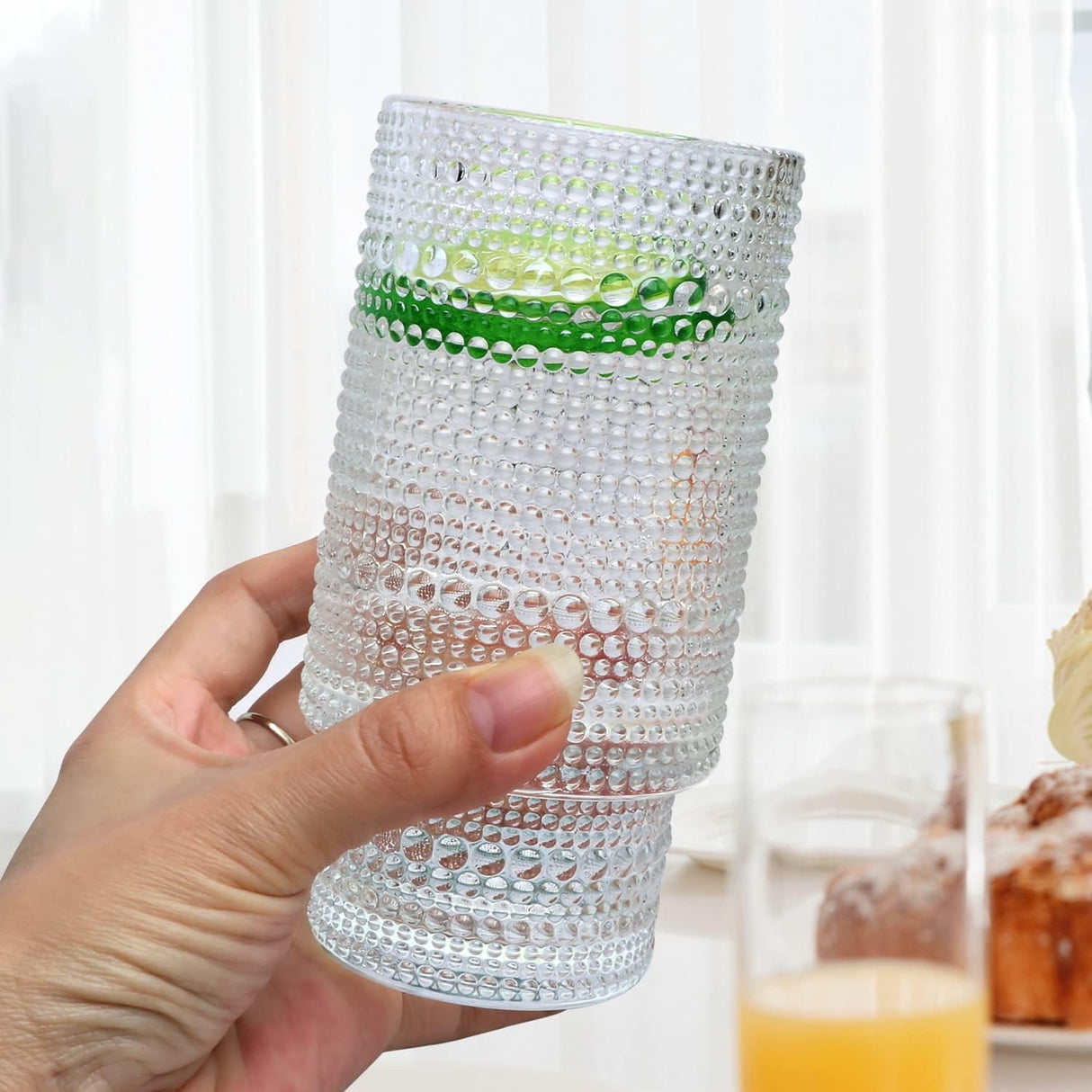 Vintage Tall Drinking Glasses Set of 6,Hobnail Highball Glasses,Romantic Embossed Cocktail Glasses Glass Coffee Glassware Set for Water,Juice,Soda