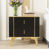 Black Gold Nightstand, Light Luxury Striped Bedside Table with 2 Wooden Drawers