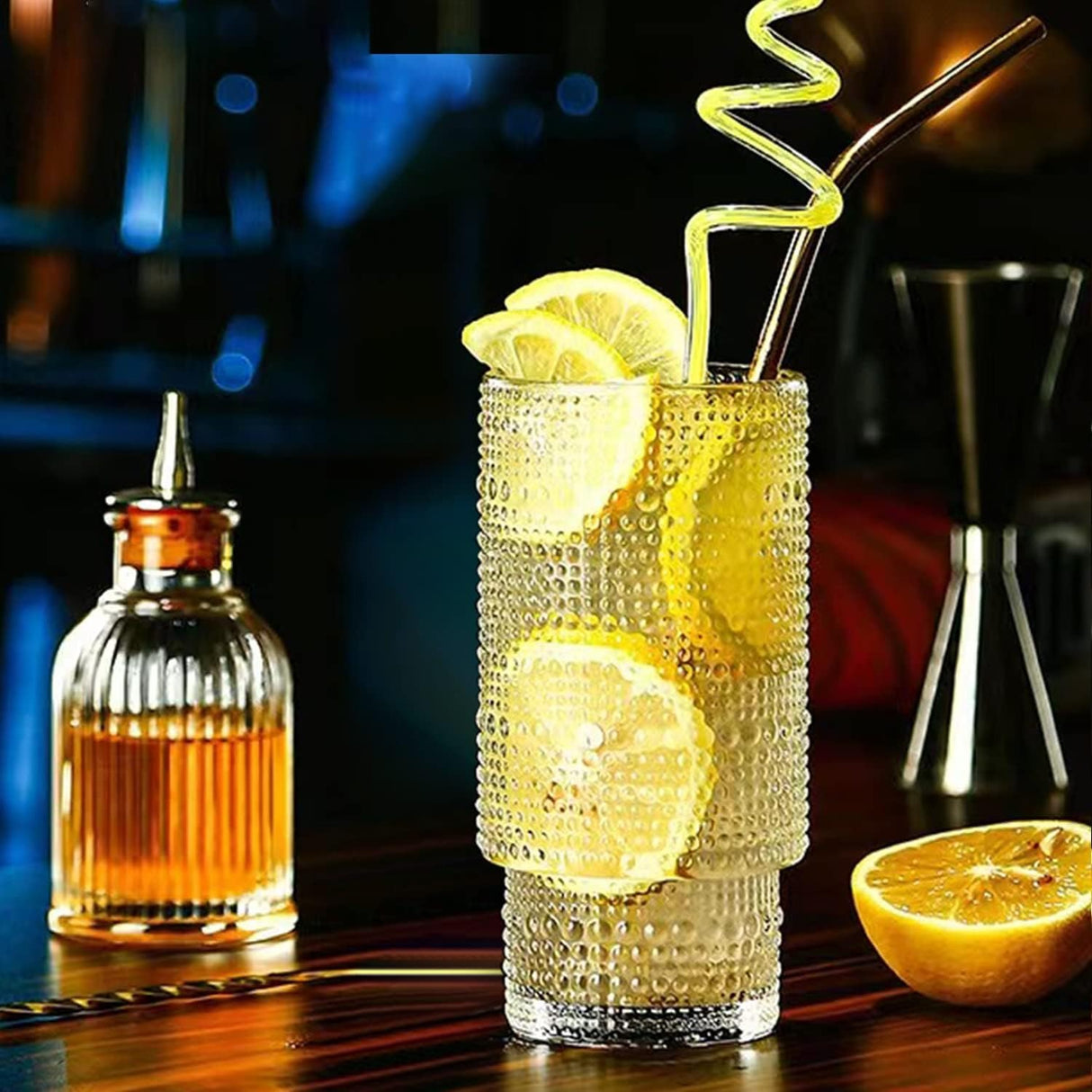 Vintage Tall Drinking Glasses Set of 6,Hobnail Highball Glasses,Romantic Embossed Cocktail Glasses Glass Coffee Glassware Set for Water,Juice,Soda