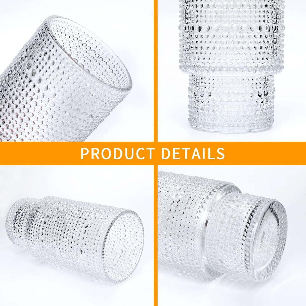 Vintage Tall Drinking Glasses Set of 6,Hobnail Highball Glasses,Romantic Embossed Cocktail Glasses Glass Coffee Glassware Set for Water,Juice,Soda