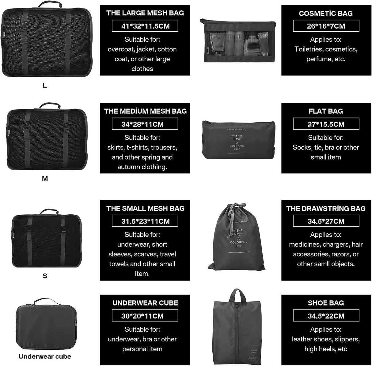 8 Pcs Packing Cubes for Suitcase, Travel Organiser Packing Bags, Travel Luggage Packing Organizers Waterproof Packing Cubes