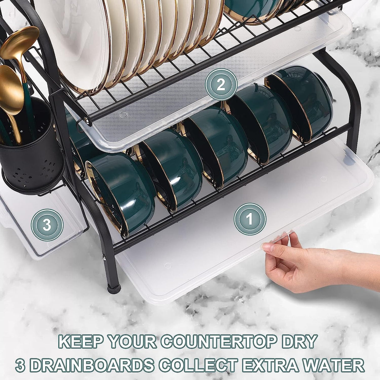 Dish Drying Rack, 2-Tier Compact Kitchen Dish Rack, Large Rust-Proof Dish Drainer with Utensil Holder