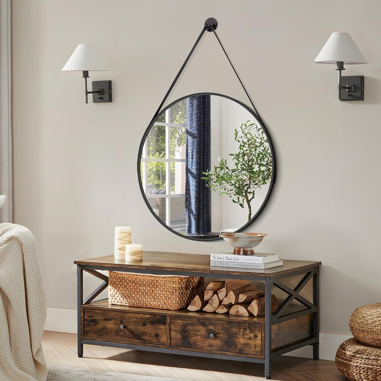 Round Hanging Mirror with Strap Decorative Wall Mirror 60cm