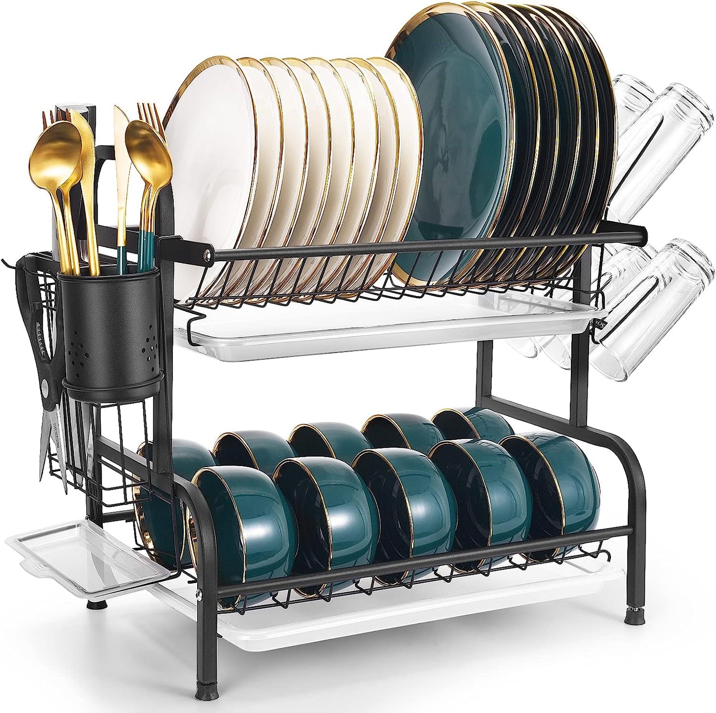 Dish Drying Rack, 2-Tier Compact Kitchen Dish Rack, Large Rust-Proof Dish Drainer with Utensil Holder