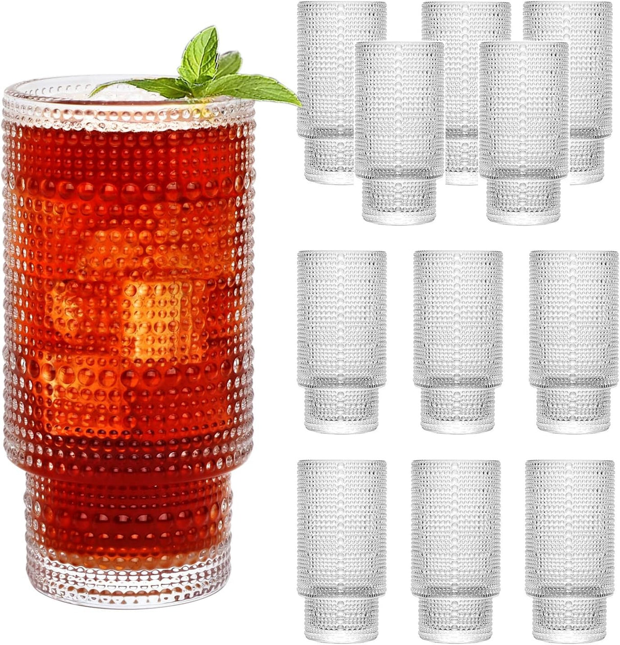 Vintage Tall Drinking Glasses Set of 6,Hobnail Highball Glasses,Romantic Embossed Cocktail Glasses Glass Coffee Glassware Set for Water,Juice,Soda