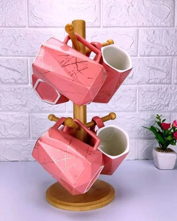 Ceramic cups set with bamboo holder