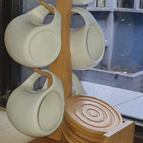 Ceramic 6 cups (200ml) with wooden bamboo stand