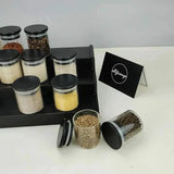 Glass spice jar set with a black bamboo stand 12pcs