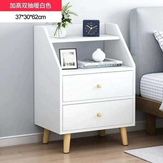 Bedside table with 2 closed drawers and one open drawer