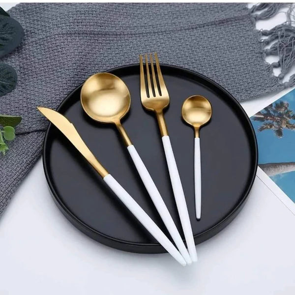 24PCS Cutlery Set Stainless Steel Cutlery Complete Tableware Set Fork Knives Spoon Round Handle Dinnerware Set