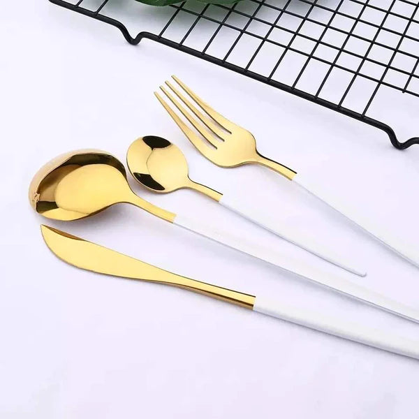 24PCS Cutlery Set Stainless Steel Cutlery Complete Tableware Set Fork Knives Spoon Round Handle Dinnerware Set
