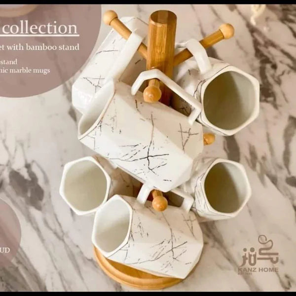 Ceramic Mugs 6pcs+ Bamboo Stand