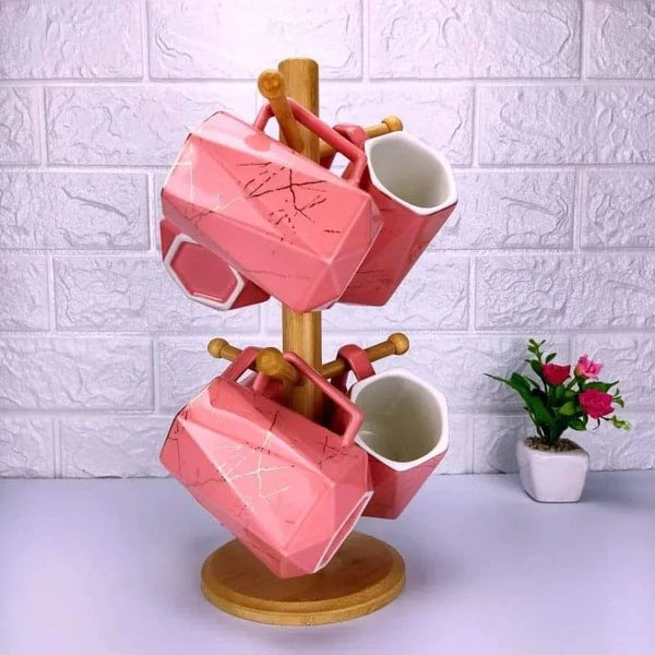 Ceramic Mugs 6pcs+ Bamboo Stand