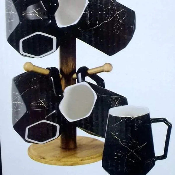 Ceramic Mugs 6pcs+ Bamboo Stand