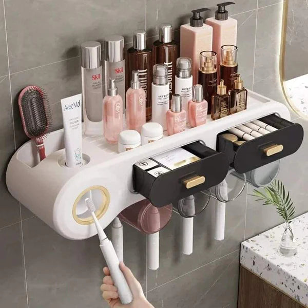 Multifunctional wall mounted toothbrush/toothpaste dispenser