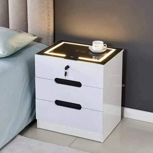 Wooden Bedside Drawer with LED Lighting Glass Top