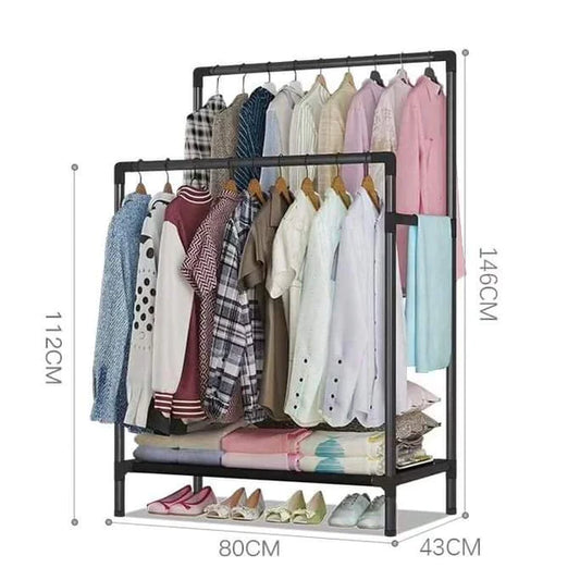 Double Pole Clothing Rack With Lower Storage Shelf