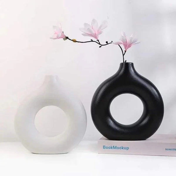 Black Donut Shape Ceramic Flower Vase