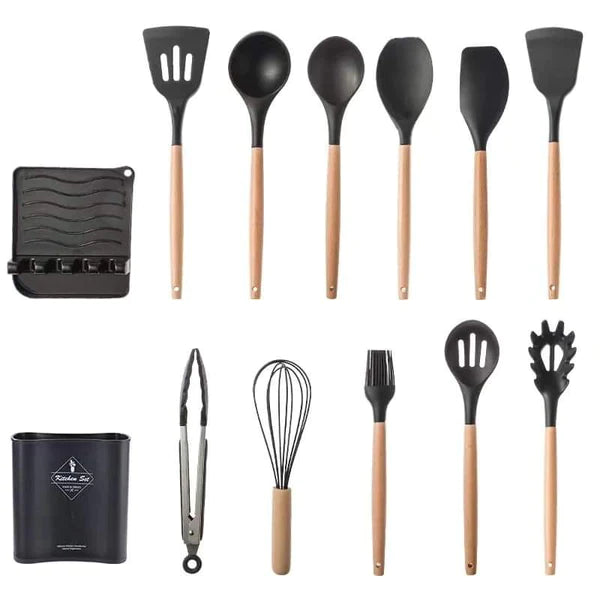 12 pcs Silicon spoon set with spoon holder and spoon/lid rest