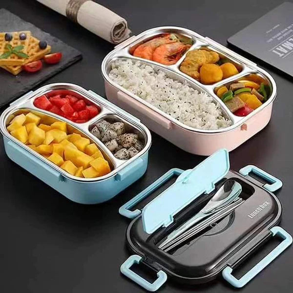 4 Grid Stainless Steel Lunch Box With Spoon and Chopsticks