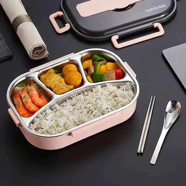 4 Grid Stainless Steel Lunch Box With Spoon and Chopsticks