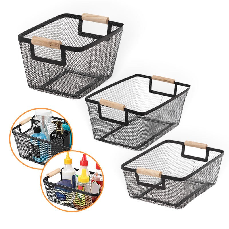 Steel Mesh Storage Organizer Basket, Multifunctional Metal Wire Hanging Kitchen Baskets, Fruit Basket with Wooden Handle, Ideal for Kitchen, Bathroom, Pantry, Cabinet, Home