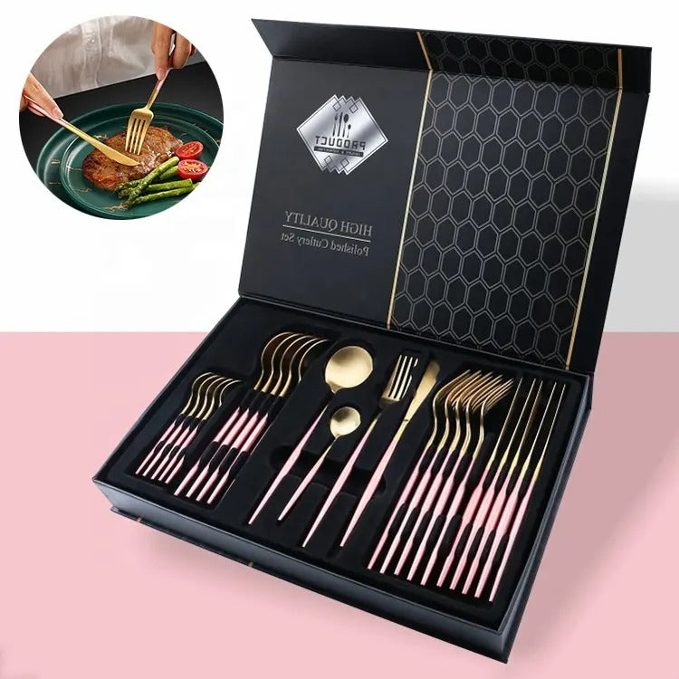 24PCS Cutlery Set Stainless Steel Cutlery Complete Tableware Set Fork Knives Spoon Round Handle Dinnerware Set