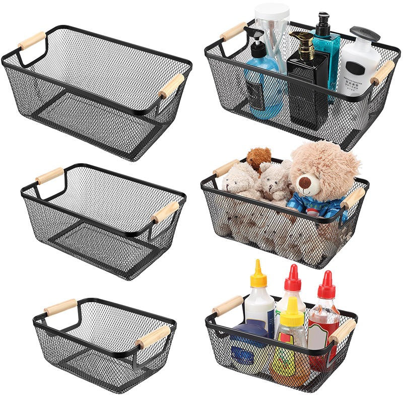 Steel Mesh Storage Organizer Basket, Multifunctional Metal Wire Hanging Kitchen Baskets, Fruit Basket with Wooden Handle, Ideal for Kitchen, Bathroom, Pantry, Cabinet, Home