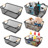 Steel Mesh Storage Organizer Basket, Multifunctional Metal Wire Hanging Kitchen Baskets, Fruit Basket with Wooden Handle, Ideal for Kitchen, Bathroom, Pantry, Cabinet, Home