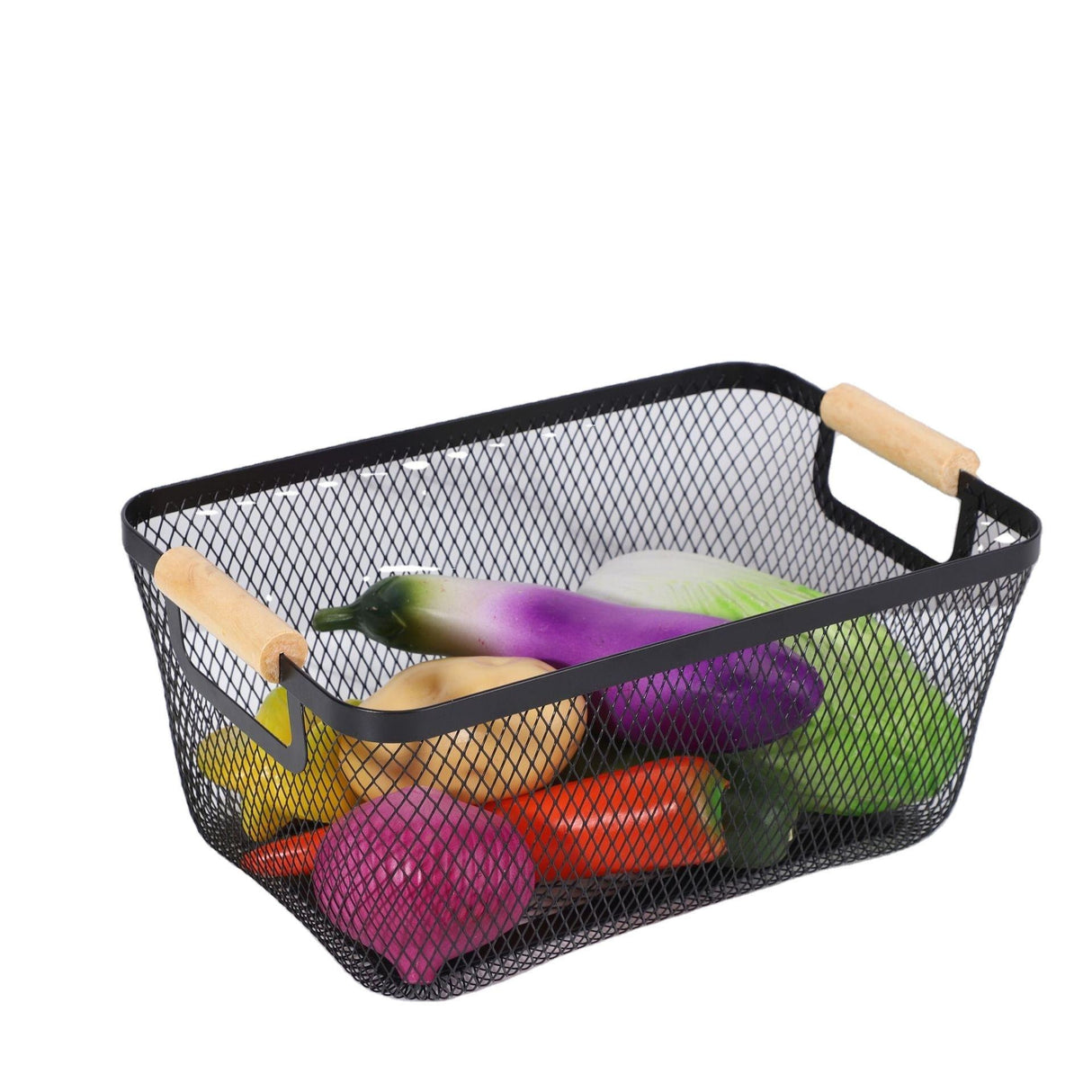 Steel Mesh Storage Organizer Basket, Multifunctional Metal Wire Hanging Kitchen Baskets, Fruit Basket with Wooden Handle, Ideal for Kitchen, Bathroom, Pantry, Cabinet, Home