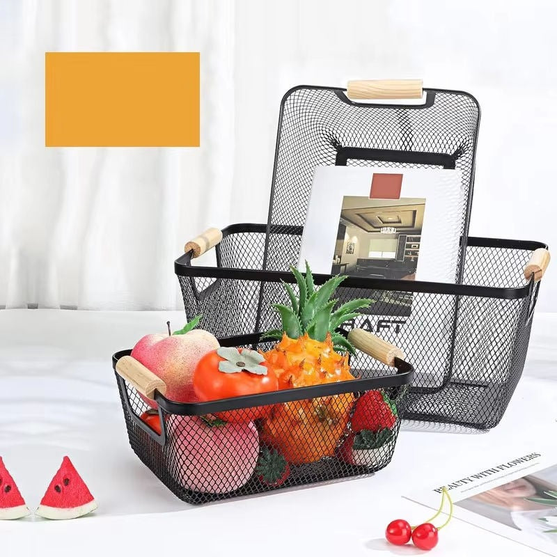 Steel Mesh Storage Organizer Basket, Multifunctional Metal Wire Hanging Kitchen Baskets, Fruit Basket with Wooden Handle, Ideal for Kitchen, Bathroom, Pantry, Cabinet, Home