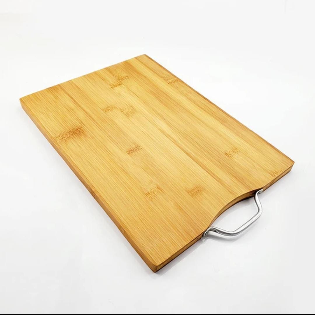 Heavy wooden chopping board with metallic handle