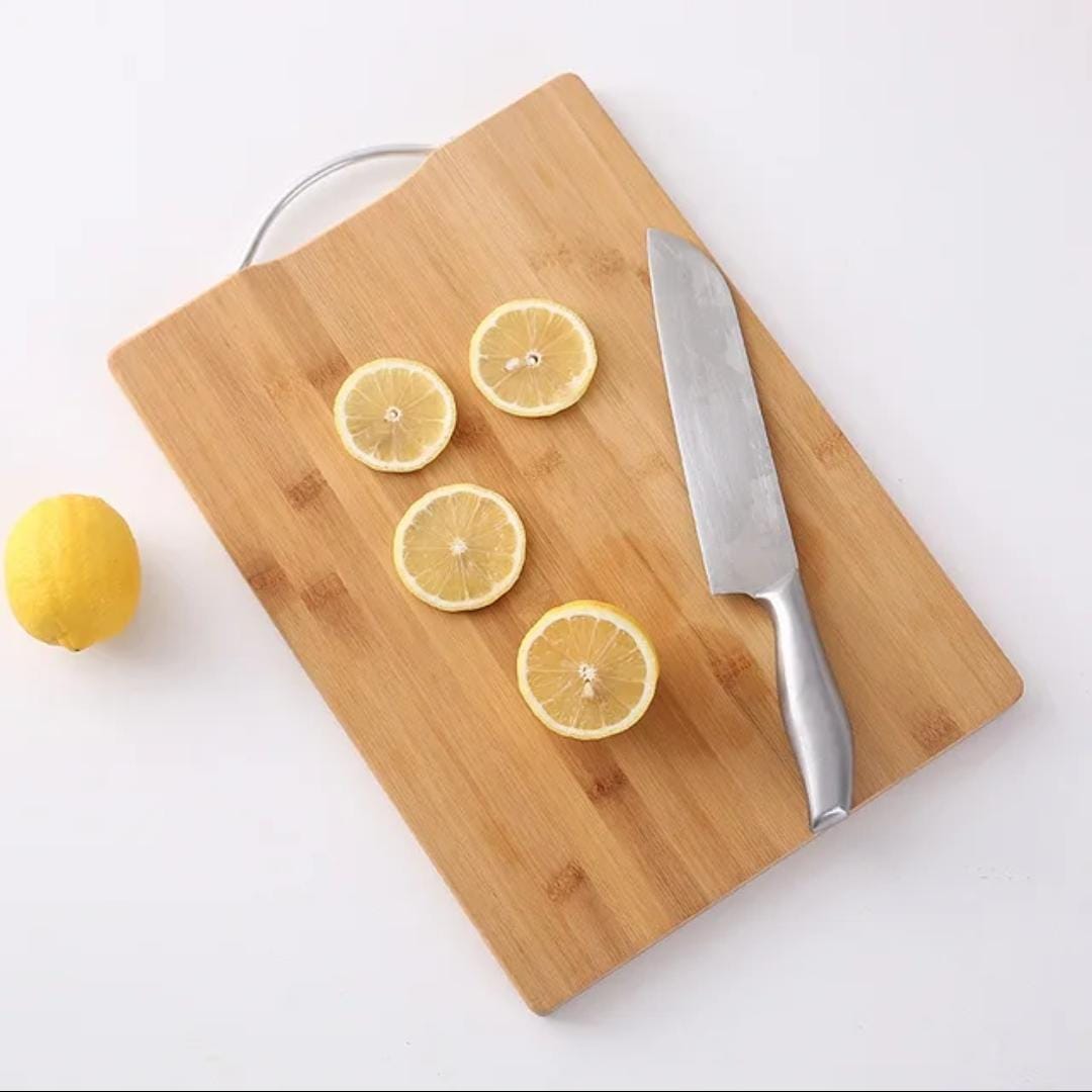 Heavy wooden chopping board with metallic handle