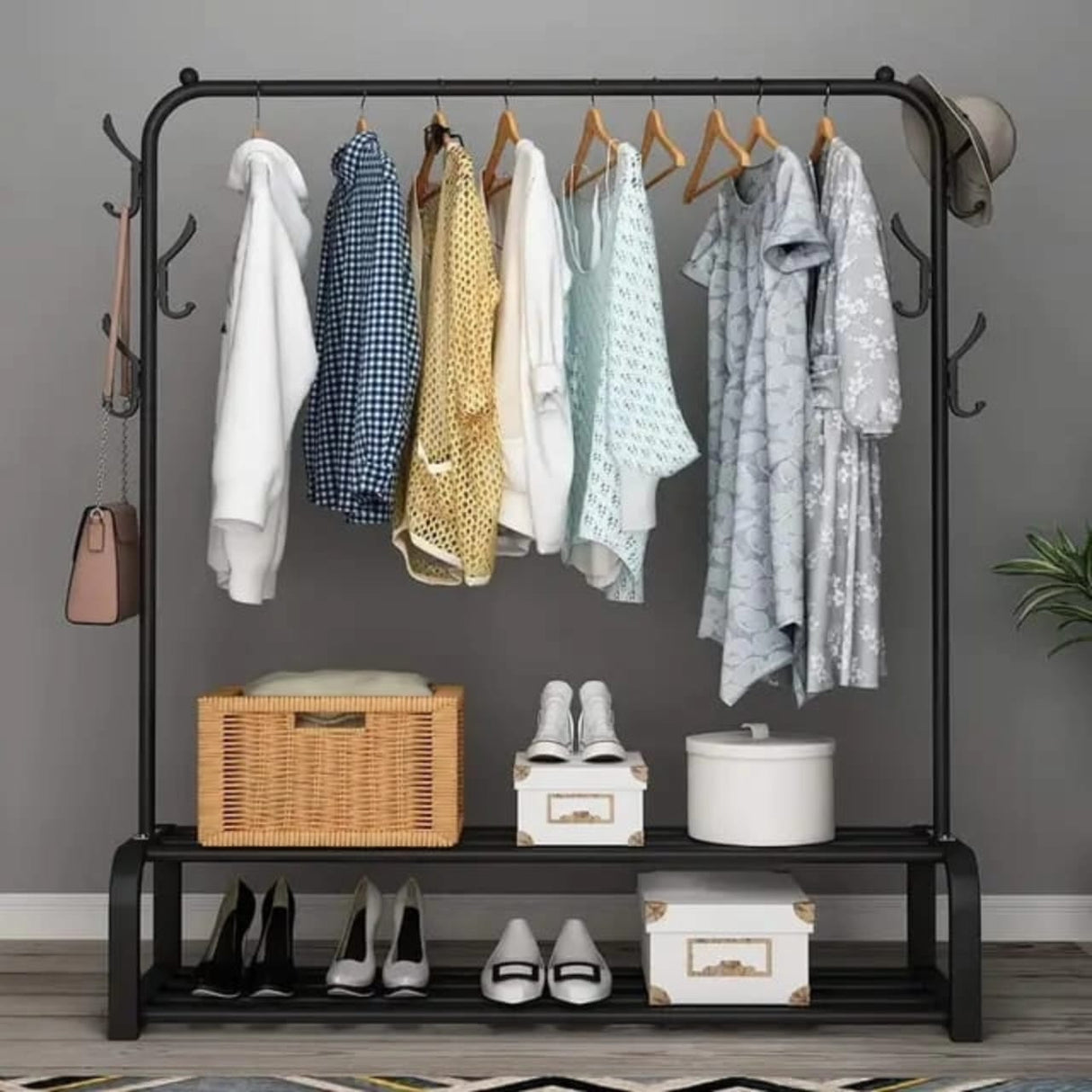 Cloth Rack With Double Lower Storage Shelf