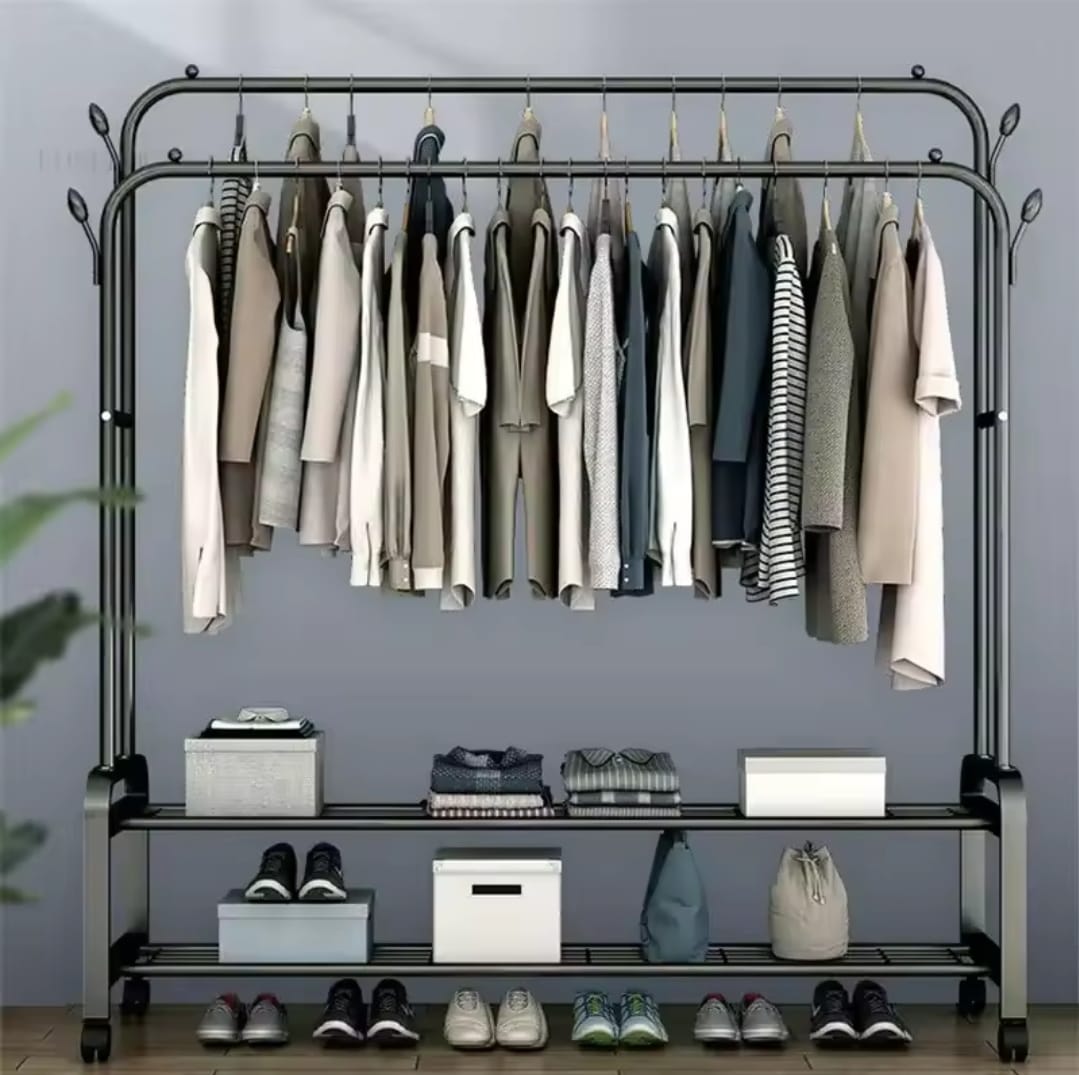 Double Pole Clothing Rack with Wheels and Shoe Rack