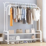 Double Pole Clothing Rack with Wheels and Shoe Rack