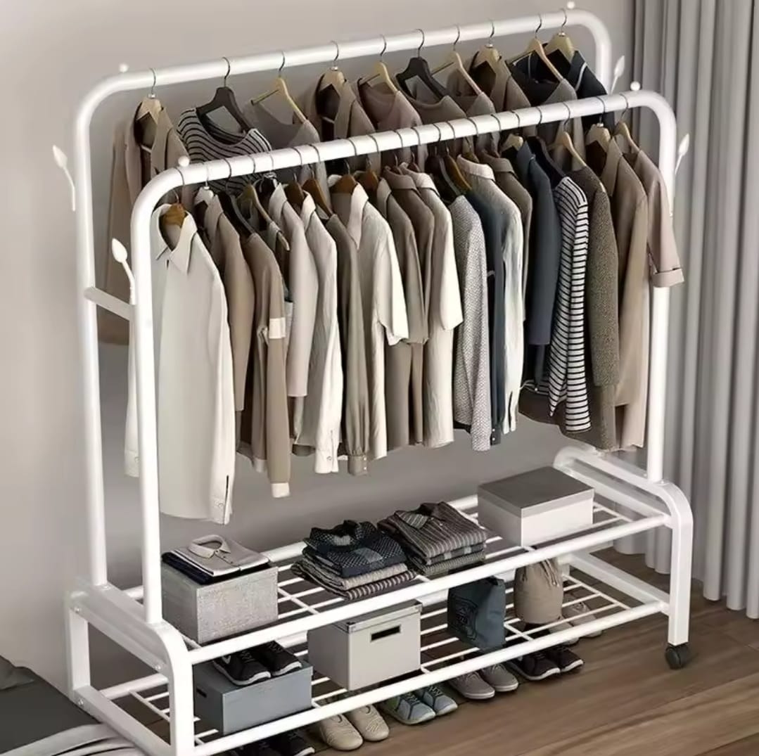 Double Pole Clothing Rack with Wheels and Shoe Rack