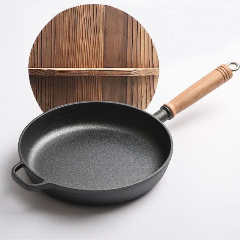 Thickened cast iron frying pan with bamboo lid