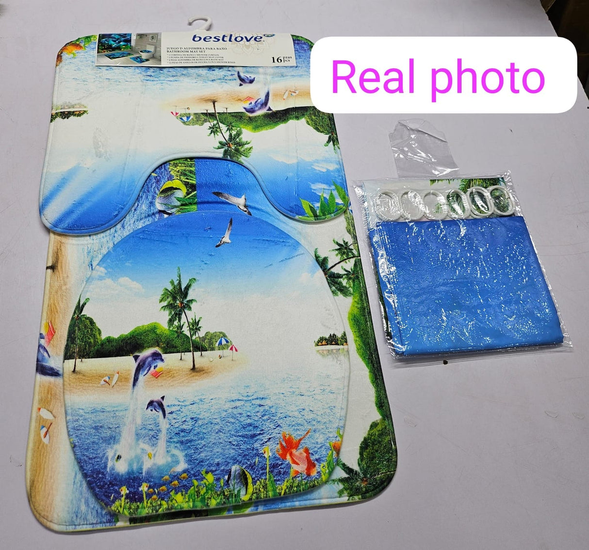 3D 4 in1 bathroom woolen mats with a waterproof shower curtain